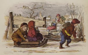 Crianças, tocando, com, um, trenó, em, a, neve